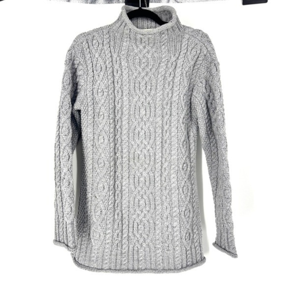 Aran Mor Ireland Grey Cable Knit Mock Neck 100% Merino Wool Sweater Medium‎